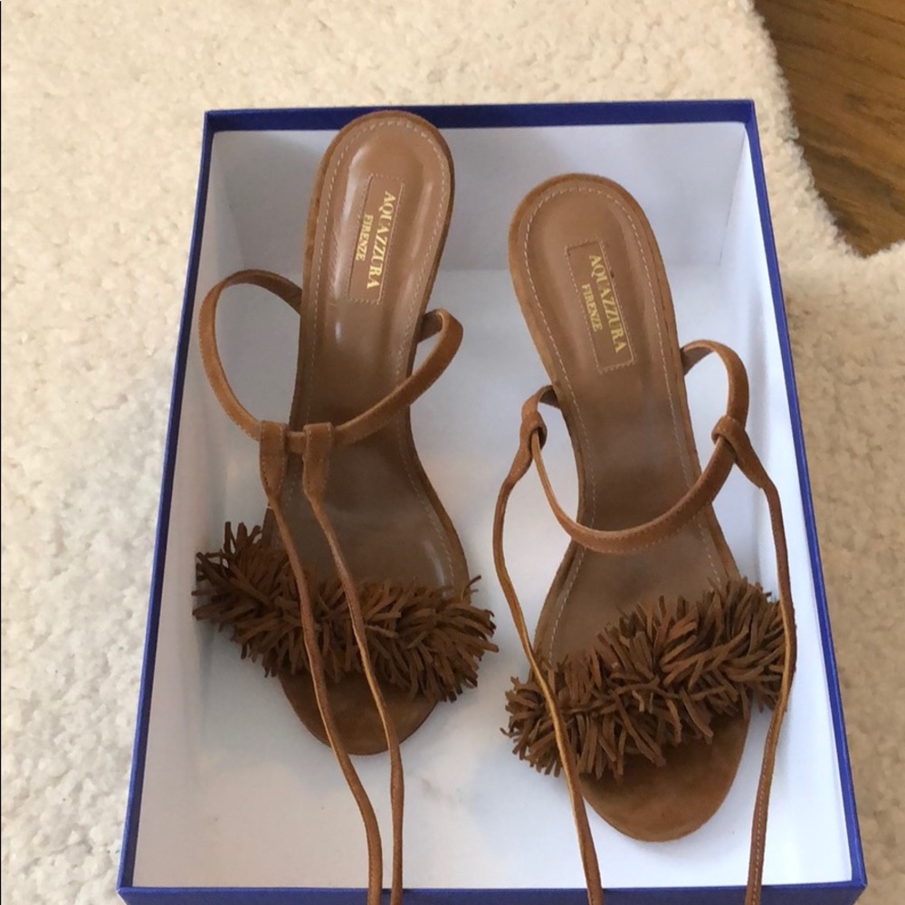 AQUAZZURA Tan Fringe Lace-Up Heel Sandals